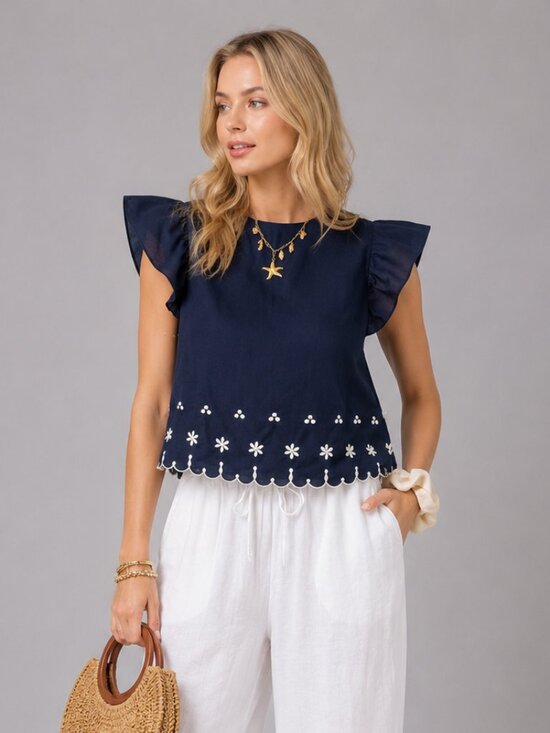 Tops - Women's Cotton Navy Blue Embroidered Flutter Sleeve Boho Blouse Summer Cotton To